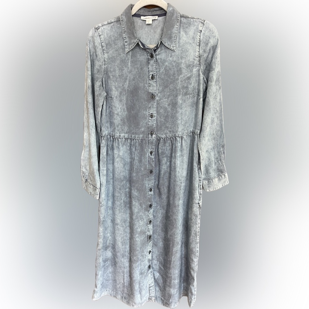 Coldwater Creek Denim Striped Button Up Long Sleeve Prairie Shirt Dress Size 6P